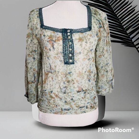 5/$25 Floral sheer peasant florentine boho puff sleeved Top - Picture 1 of 7